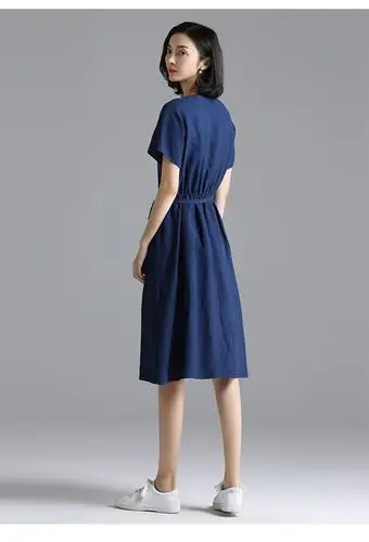 索菲丝尔2018夏季新款连衣裙女纯色棉麻短袖裙子