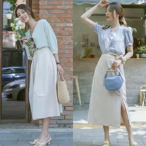 这个夏日,这几种"浅色系衬衫 半身裙"的搭配风格,知性显气质