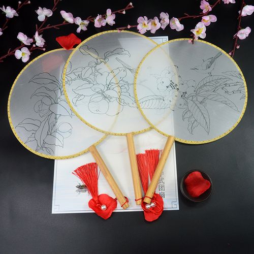 工笔手绘圆形宫扇真丝团扇 临摹绘画扇国画白描填色材料包扇子