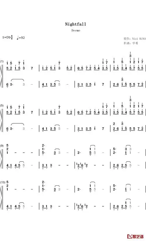 nightfall钢琴简谱-数字双手-rayark1