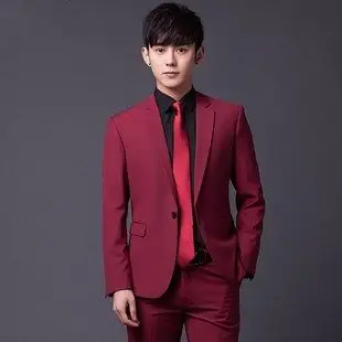 男士修身西服套装 大酒红色 伴郎新郎结婚礼服小西装 (衣服 裤子)