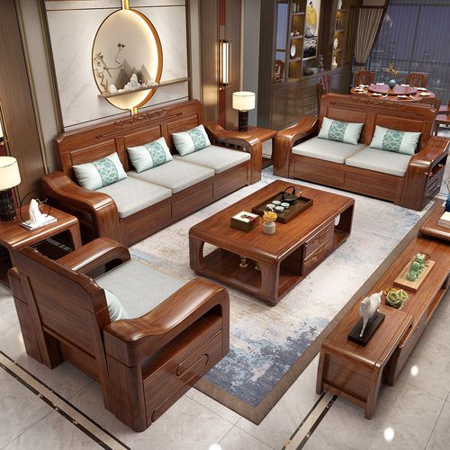 采百木胡桃木实木沙发组合现代中式客厅高箱储物大户型冬夏两用带贵妃