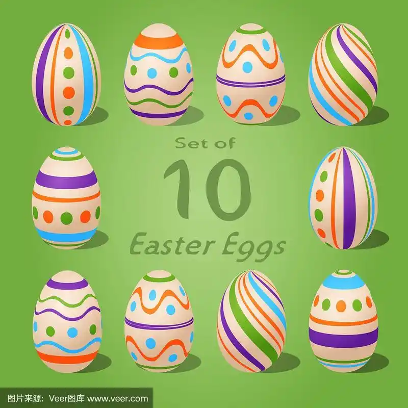 set of 10 simple patterned easter eggs, striped and polka dots