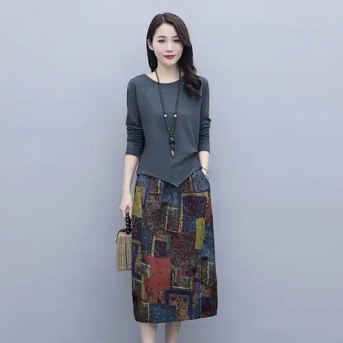 春秋过膝长款女复古民族风印花中年妈妈长袖连衣连衣裙