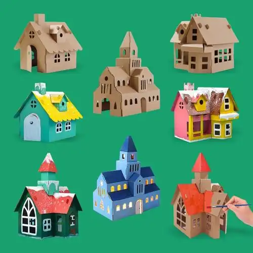纸房子手工 儿童diy纸盒房子儿童手幼儿园儿童纸盒diy手工制作纸板