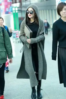 杨幂明星同款韩版羊绒加厚秋冬开叉连帽针织开衫中长款毛衣外套女