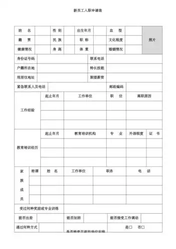 餐饮行业新员工入职申请表