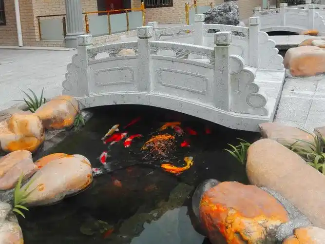 门前从南至北建有约30米长的小桥流水的金鱼池和两座可供观赏的假山