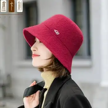 新品水桶帽毛呢渔夫帽子女秋冬季保暖时尚文艺日系盆帽百搭网红大红色