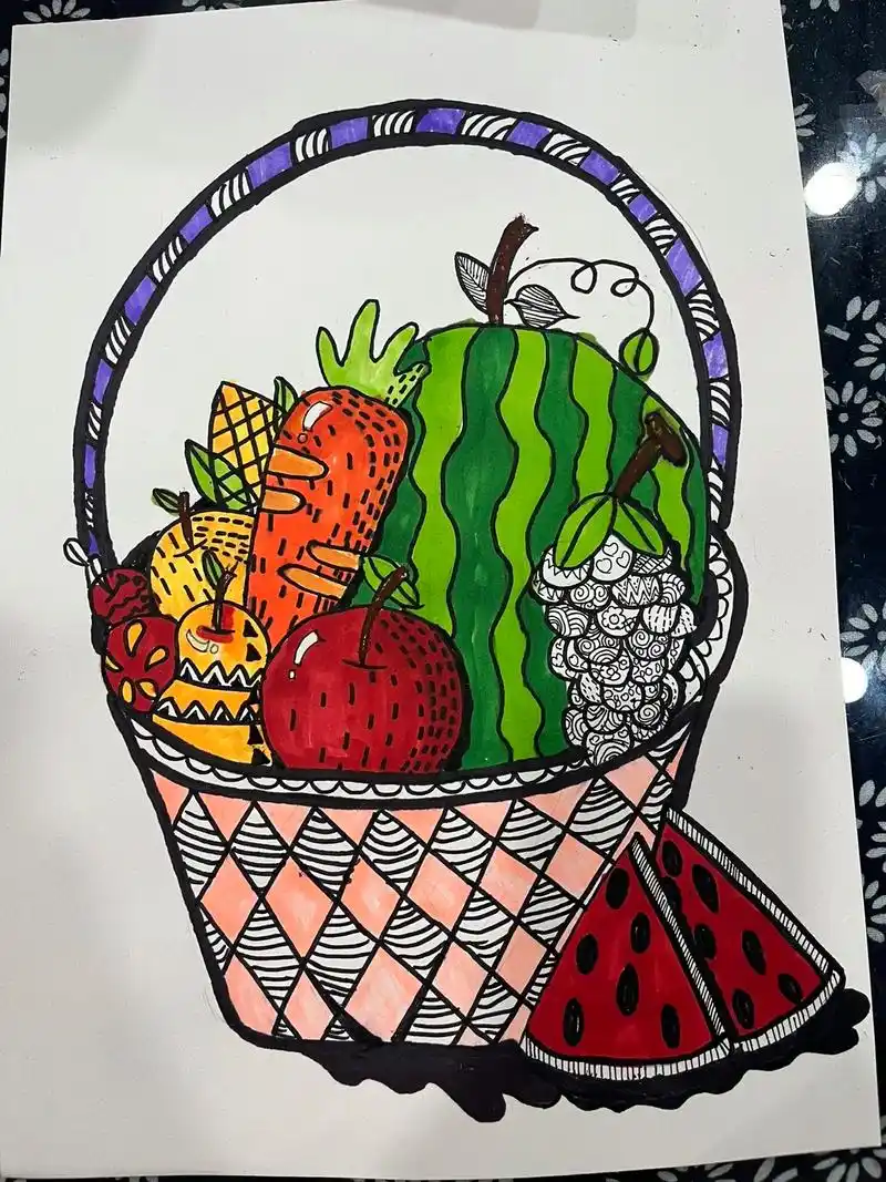 我家的篮子 创意线描  作品来自6到8岁小朋友  欢迎来电78 - 抖音