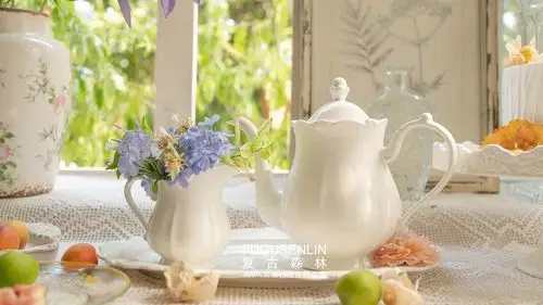 法式欧式复古浮雕白色陶瓷下午茶红茶咖啡壶家用茶壶