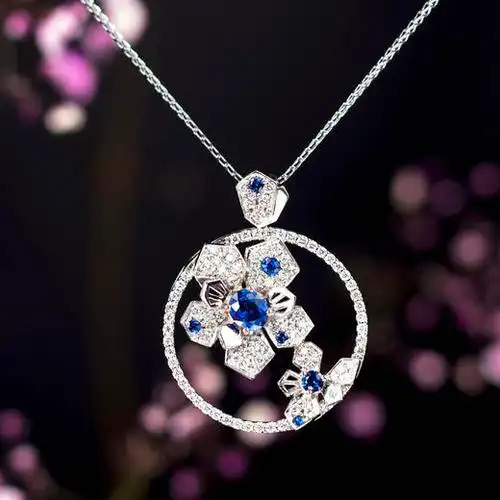 临水照花蓝宝石钻石白金吊坠