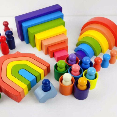 ins彩虹积木儿童蒙氏早教搭拼装叠叠高益智木质玩具男女孩套餐