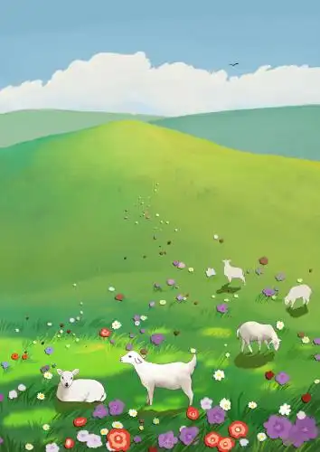 草原羊群野花清新治愈系风景插画
