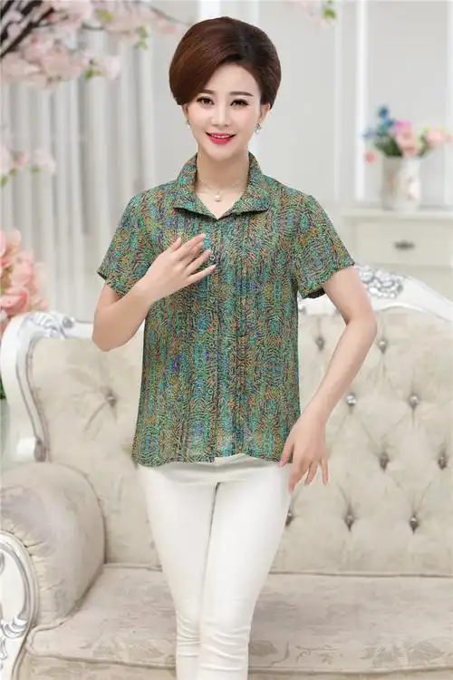 中老年女装夏装短袖t恤女40-50岁雪纺大码宽松中年妈妈装上衣翻领