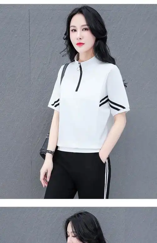 言妮芙夏季立领新款休闲大码短袖洋气跑步休闲服两件运动女套装潮