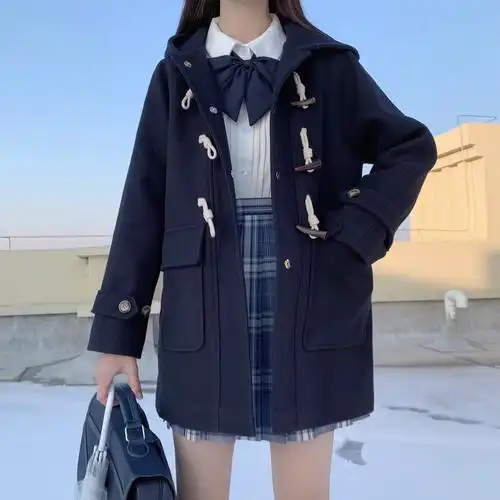 车厘子jk制服牛角扣大衣原创日系学院风秋冬季加厚浓绀色毛呢外套