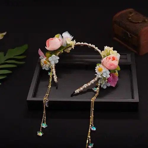 古典伴娘头饰花朵皇冠花环仙气桃花发饰发箍写真超仙汉服古装发饰