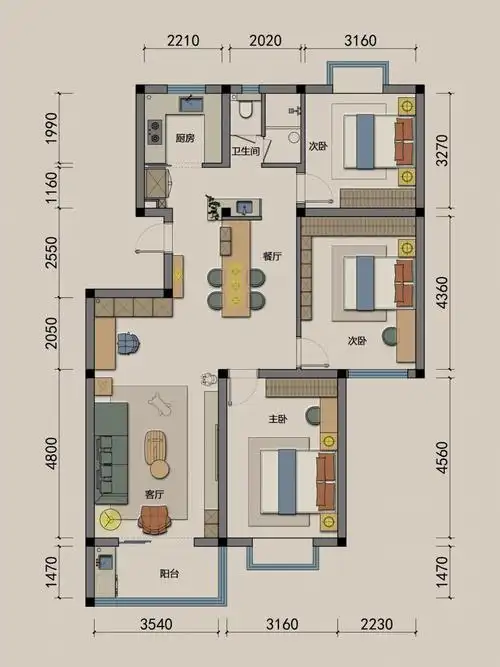 136平三居室户型优化