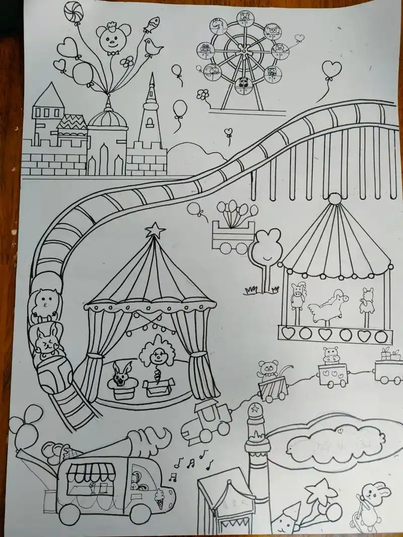 儿童绘画作品 #游乐园草稿画了两个小时,涂色两个小时,太难 - 抖音