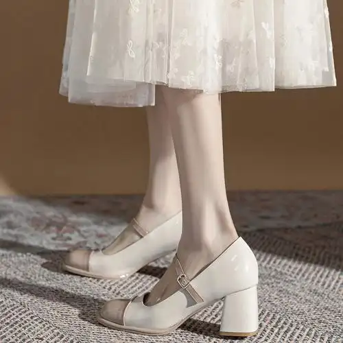 温柔小香风拼色圆头玛丽珍2024单鞋春夏季一字扣带粗跟高跟鞋女款