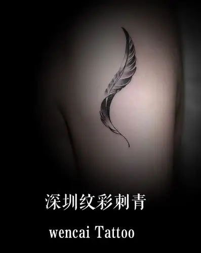 深圳高大帅气的汪先生在大臂纹黑色羽毛纹身图案