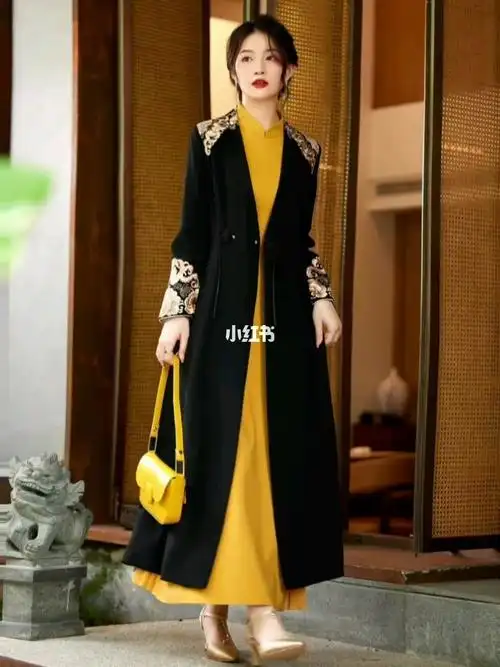 高级感新中式刺绣旗袍外搭长款风衣外套女