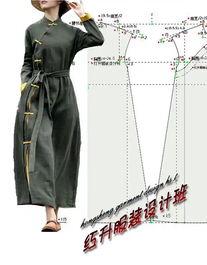中式偏襟连衣裙裁剪图,唐装制版图纸教程.