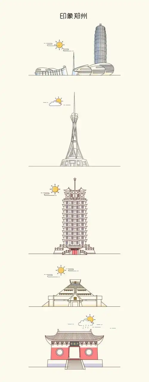 城市印象简笔画原创印象洛阳 几何简笔画濮阳著名的建筑物简笔画郑州