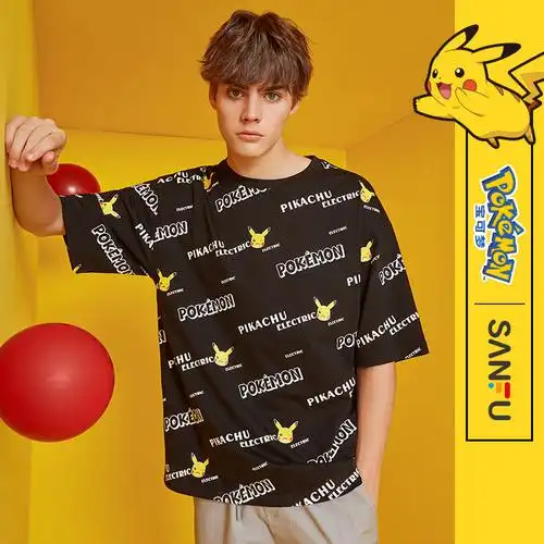 皮卡丘上衣圆领休闲印花满版宝可梦情侣夏情侣三福t恤