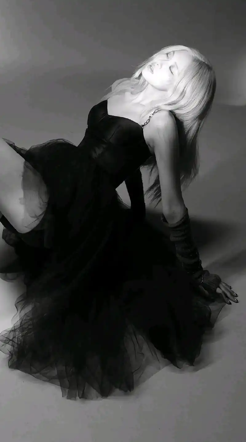 "澳洲野玫瑰"朴彩英身穿黑色抹胸裙的一组黑白风格的性感写真