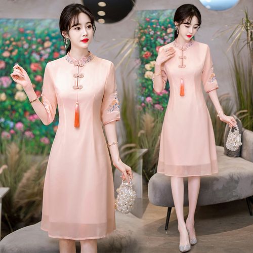 2022夏季新款雪纺刺绣显瘦中式现代唐装改良连衣裙