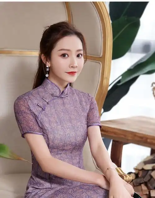 秀观唐紫枫2020春夏新款改良雪纺小碎花中长款旗袍a摆中式连衣裙 紫色