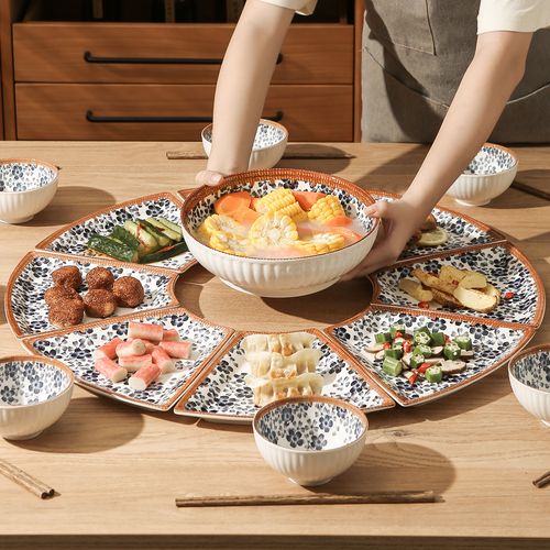 藤编拼盘餐具组合套装家用圆桌摆盘过年盘子陶瓷菜盘网红创意碗碟