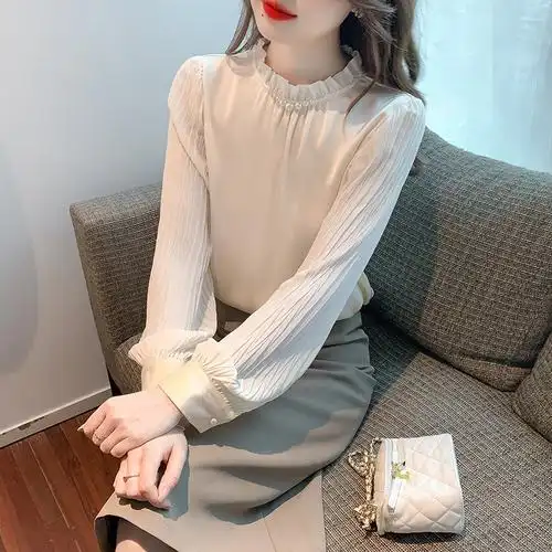实拍2023新款法式气质纯色立领钉珠网纱长袖雪纺衫女衬衫-阿里巴巴