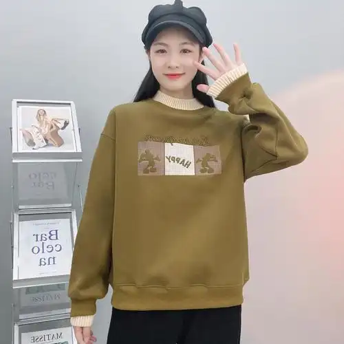 抖音同款芦淞区你好漂亮制衣厂的小店t冬季加绒宽松卡通图案休闲黑色m