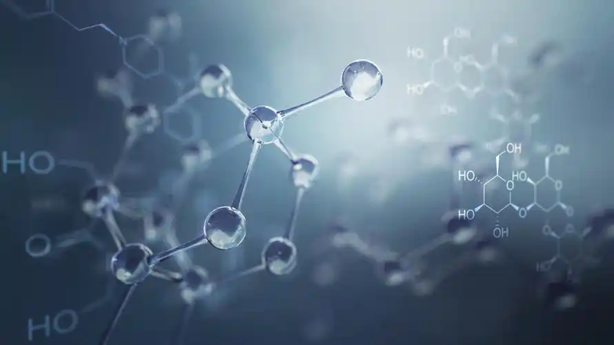 分子模型的三维图科学背景与分子化学公式摄影唯美树叶上的雨滴背景