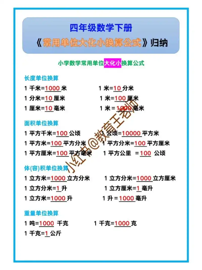 四年级数学下册《常用单位换算公式》归纳!