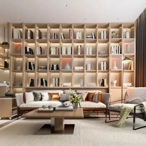 客厅整面墙书柜木饰面艺术漆无主灯