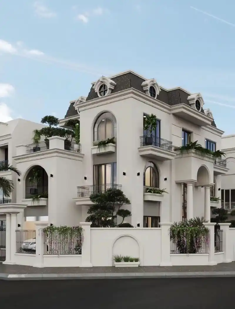 这款法式自建别墅外观高级大气7815 设计了经典的法式门廊和屋面