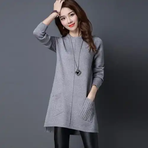 慵懒风秋冬纽扣毛衣女装中长款连衣裙宽松大码韩版针织打底衫56p