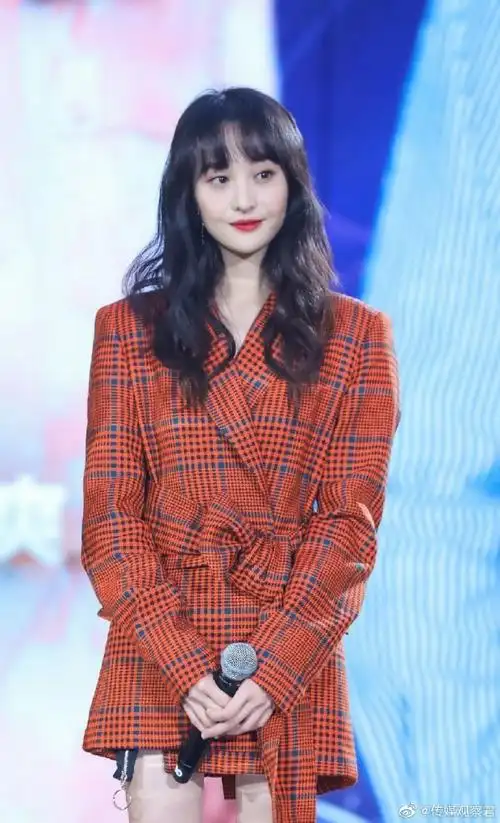 郑爽红色格纹西装