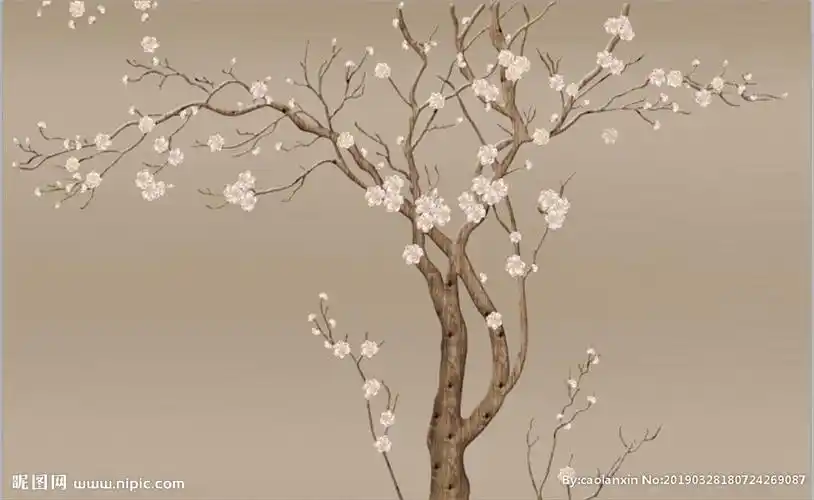 手绘新中式白梅花花鸟电视背景墙图片
