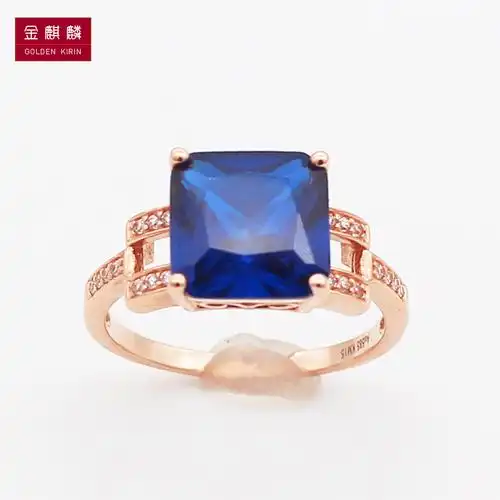 金奇麟俄罗斯585紫金方形蓝宝石豪华戒指新款时尚气质14k玫瑰金女
