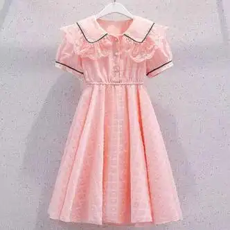 洋气公主裙女孩蕾丝娃娃领薄款儿童雪纺裙子粉色120建议身高105115