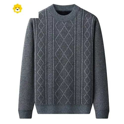 fishbasket加绒加厚毛衣男冬季宽松圆领扭花中老年毛衫线衣打底针织衫