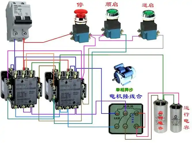 交流接触器两个,四个按钮开关,两个限位开关,电机220v,怎么接接正反转