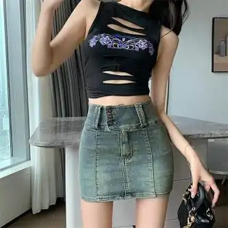 涓涓细语大码复古做旧高腰排扣牛仔短裙裤女夏季弹力显瘦包臀半身裙裤