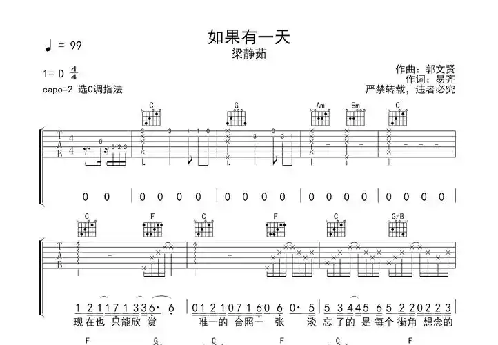 如果有一天吉他谱_梁静茹_c调弹唱吉他谱55%原版 - 吉他世界