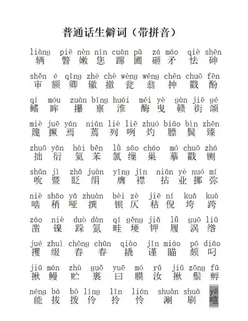 普通话96生僻字带拼音